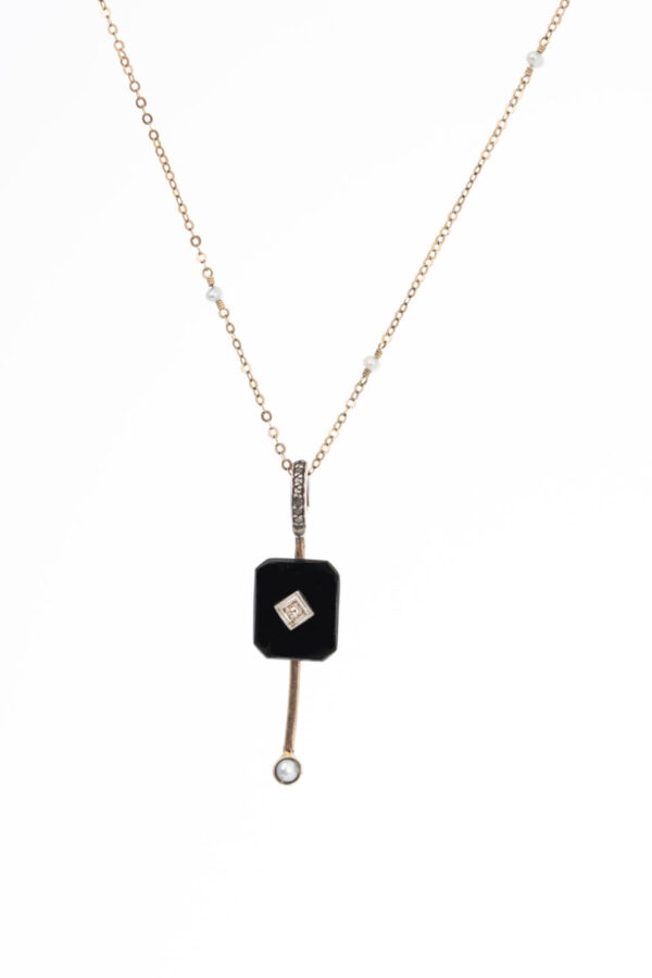 Onyx, Diamond, & Pearl Gold Drop Necklace