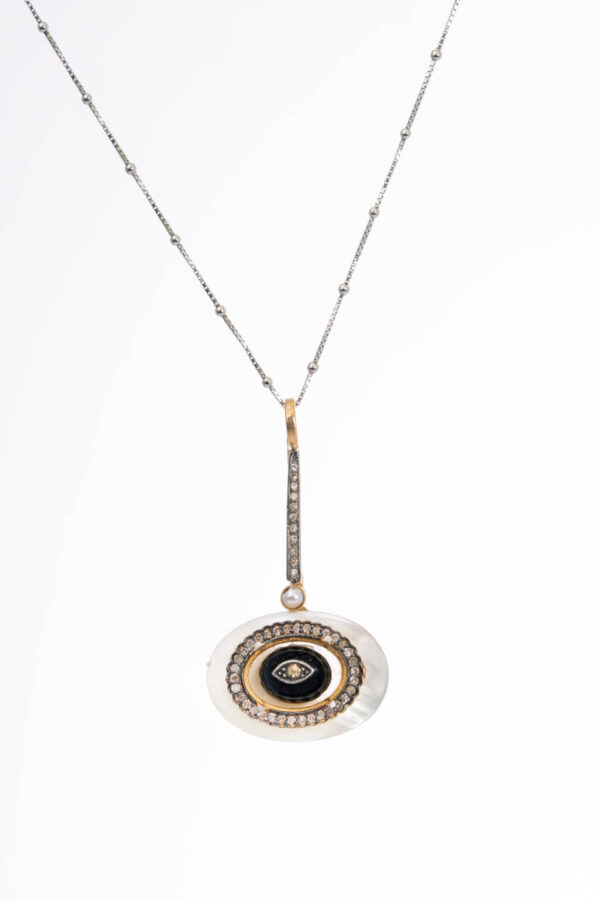 Diamond, Pearl & Onyx Drop Necklace