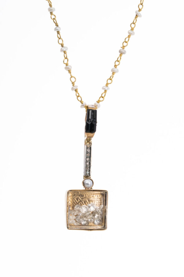 Diamond, Pearl & Onyx Gold Square Drop Necklace