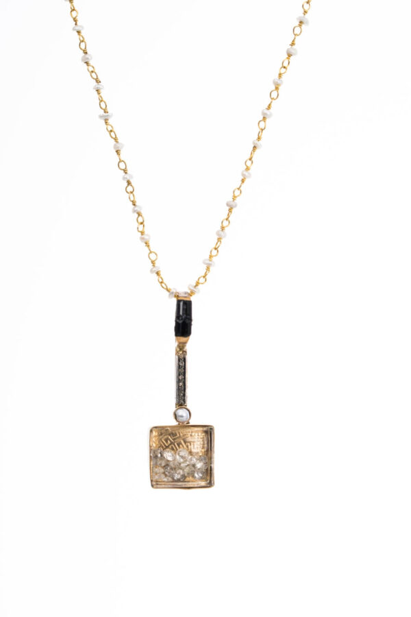 Diamond, Pearl & Onyx Gold Square Drop Necklace